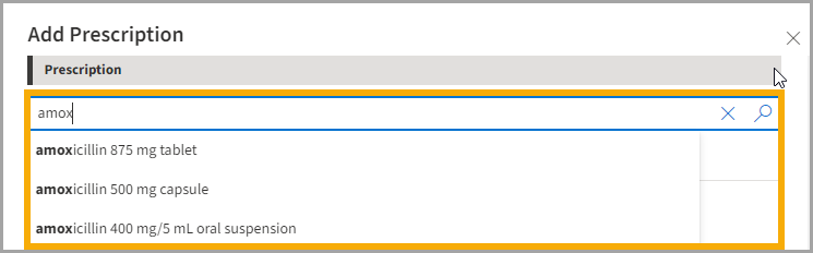 Add Prescription window with yellow highlight box around the prescription search options.